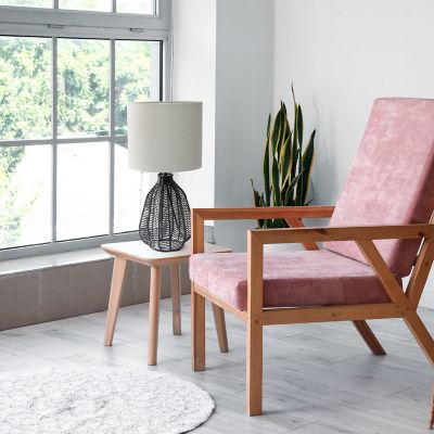 Lalia Home Vintage Rattan Wicker Style Paper Rope Bedside Table Lamp with Fabric Shade, LHT-4017-BK