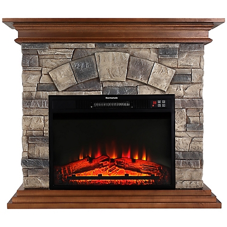 thermomate 40 in. Faux Wood and Stone Mantel Electric Fireplace with Remote,Brown