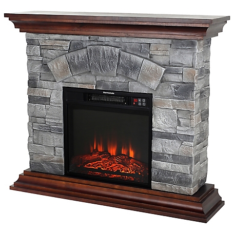 thermomate 40 in. Faux Wood and Stone Mantel Electric Fireplace with Remote, Grey