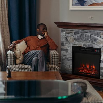 Image showing  Faux Wood and Stone Mantel Electric Fireplace with Remote, 40 in., Grey