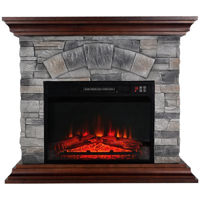 thermomate 40 in. Faux Wood and Stone Mantel Electric Fireplace with Remote,Grey