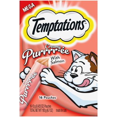 Temptations Creamy Puree with Salmon Lickable, Squeezable Cat Treats, 16-Pack of 12g Pouches