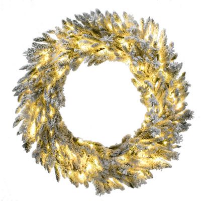 Christmas Time 36 in. Silverado Pine White Flocked Wreath with Attached Pinecones and Warm White LED Lights, CT-SV036W-LEDFL