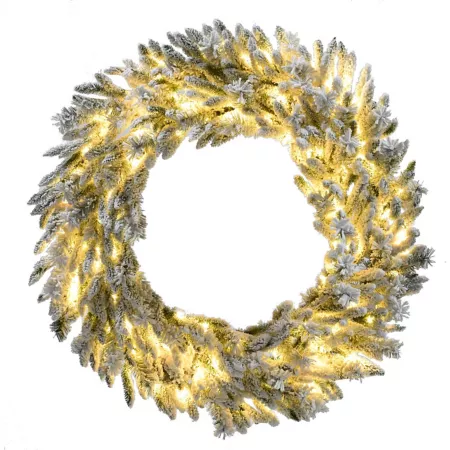 Christmas Time CT-SV036W-LEDFL 36" Silverado Pine White Flocked Wreath with Attached Pine Cones and Warm White LED Lights Artificial Christmas Wreaths