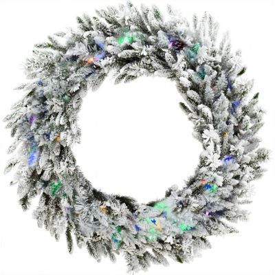Christmas Time 36 in. Pre-Lit Flocked White Silverado Pine Artificial Wreath with Pine Cones, Multicolor LED Lights