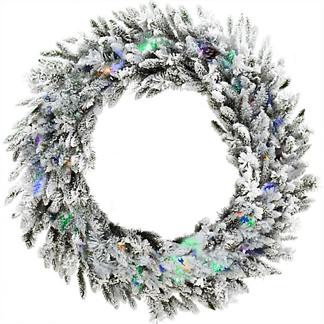 Christmas Time 36 in. Silverado Pine White Flocked Wreath with Attached Pinecones and Multi-Color LED Lights