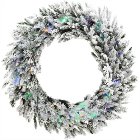 Christmas Time 36" Silverado Pine White Flocked Wreath with Attached Pine Cones and Multi-Color LED Lights Artificial Christmas Wreaths