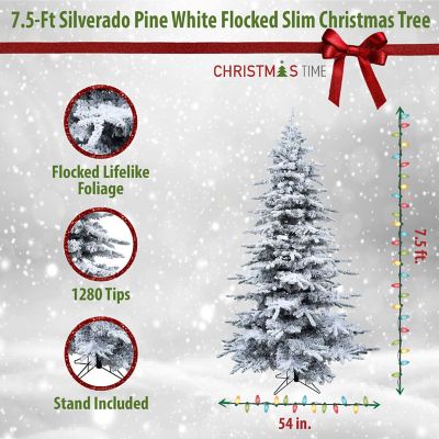Image showing  7.5 ft. Silverado Pine White Flocked Slim Artificial Christmas Tree with Metal Stand