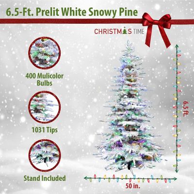 Image showing  6.5 ft. Pre-Lit White Pine Snowy Artificial Christmas Tree with Holiday Soundtrack, Multicolor LED Lights