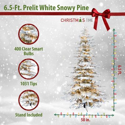 Image showing  6.5 ft. Pre-Lit White Pine Snowy Artificial Christmas Tree, Clear Smart Lights
