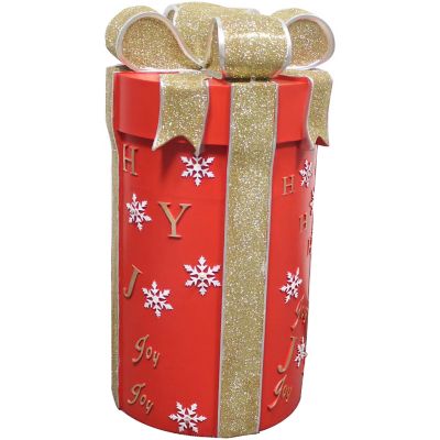 Christmas Time 20 in. Red Round Gift Box, Gold Bow, LED Lights, Festive Indoor Christmas Holiday Decorations, Plug-In