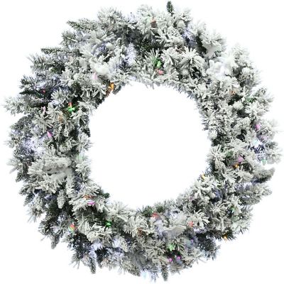 Christmas Time 24 in. Pre-Lit White Pine Snowy Artificial Wreath, 3-Function Multicolor Lights