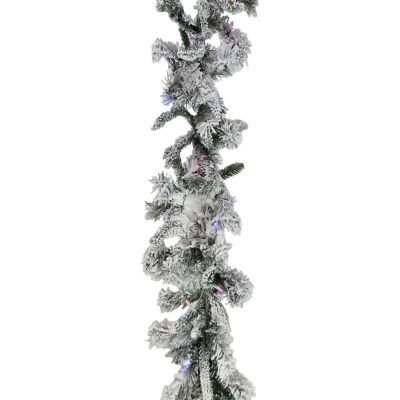 Christmas Time 9 ft. Pre-Lit White Pine Snowy Artificial Garland, 3-Function Multicolor Lights