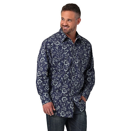 Wrangler Men's Way Out West Snap Shirt, Navy Bloom, XLT