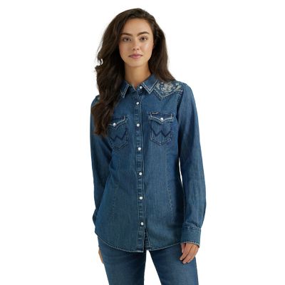 Wrangler Women's Embroidered Retro Denim Long-Sleeve Button-Down Shirt