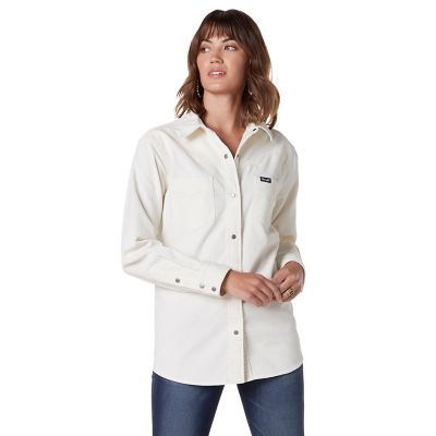 Wrangler Women's Denim Corduroy Long-Sleeve Button-Down Shirt, White