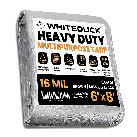 White Duck Super Heavy Duty Poly Tarp, 6'x8', 16Mil, Silver&Black