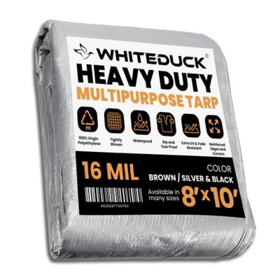 White Duck Super Heavy Duty Poly Tarp, 8'x10', 16Mil, Silver & Black