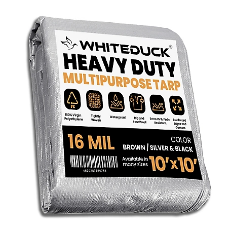 White Duck Super Heavy Duty Poly Tarp, 10'x10', 16Mil, Sliver & Black