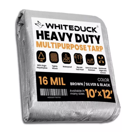 White Duck Heavy Duty Poly Tarp 10' x 12' 16 Mil Silver and Black Plastic Sheeting