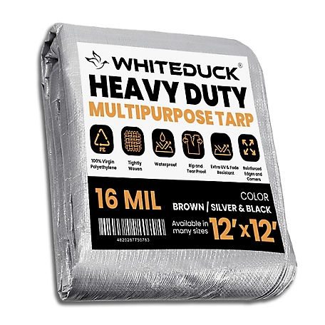 White Duck Super Heavy Duty Poly Tarp, 12'x12', 16Mil, Sliver & Black