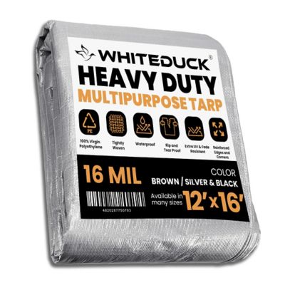 White Duck Super Heavy Duty Poly Tarp, 12'x16', 16Mil, Sliver & Black