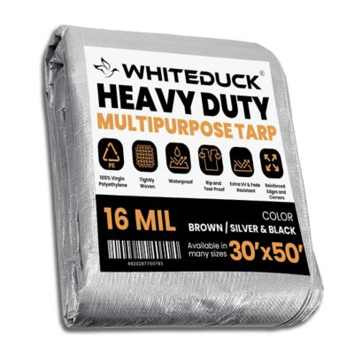 White Duck Super Heavy Duty Poly Tarp, 30'x50', 16Mil, Sliver & Black