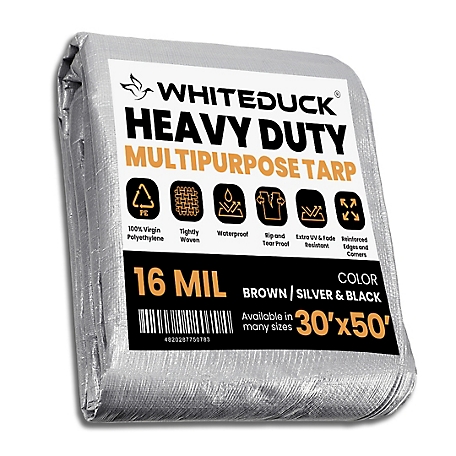 White Duck Super Heavy Duty Poly Tarp, 30'x50', 16Mil, Sliver & Black