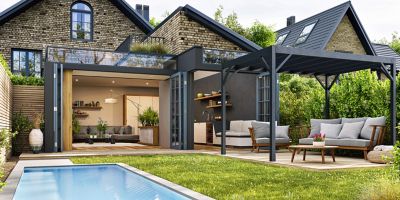 Image showing 5 th Fortress Building Products 8 ft. x 12 ft. Evolution Modern Black Steel Pergola Kit