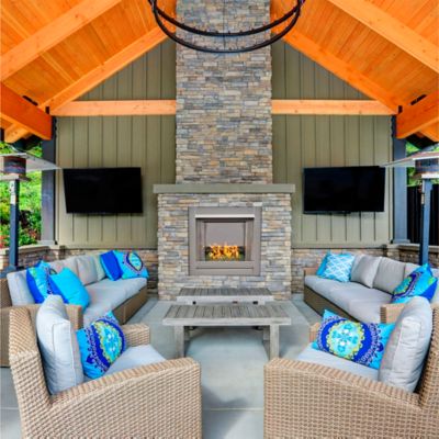 Image showing  Ventless Stainless Outdoor Gas Fireplace Insert With Emerald Glass, 24K BTU, Manual Control, DF450SS-G-REM