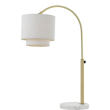Hanover Louise Table Lamp with White Marble Base, Ivory Fabric Shade, and Adjustable Arm, Pale Gold Finish