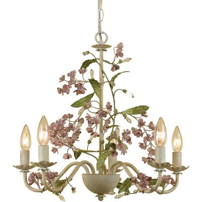 Hanover Rustic Floral 5-Light Chandelier For Hardwire Or Plug-In Swag Installation, Antique Cream Frame With Pink Posies