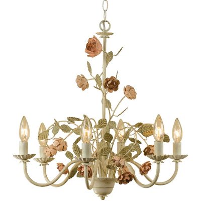 Hanover Rustic Floral 6-Light Chandelier For Hardwire Or Plug-In Swag Installation, Antique Cream Frame With Roses