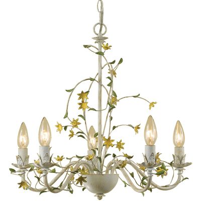 Hanover Rustic Floral 5-Light Chandelier For Hardwire Or Plug-In Swag Installation, Antique Cream Frame With Yellow Flowers