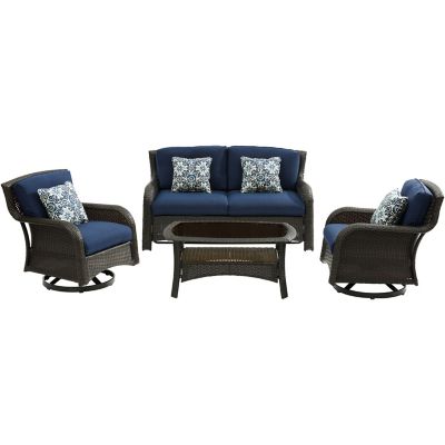 Cambridge Corrolla 4 pc. Lounge Set with Loveseat, 2 Swivel Gliders, and Woven Coffee Table, Navy Blue