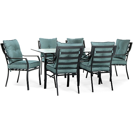 Cambridge Lawrence 7 pc. Outdoor Dining Set with 66 in. x 38 in. Glass-Top Table and 6 Cushioned Chairs in Ocean Blue