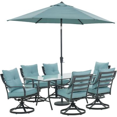 Cambridge Lawrence 7 pc. Dining Set in Ocean Blue with 6 Swivel Rockers, 66 in. x 38 in. Glass-Top Table, Umbrella, and Base