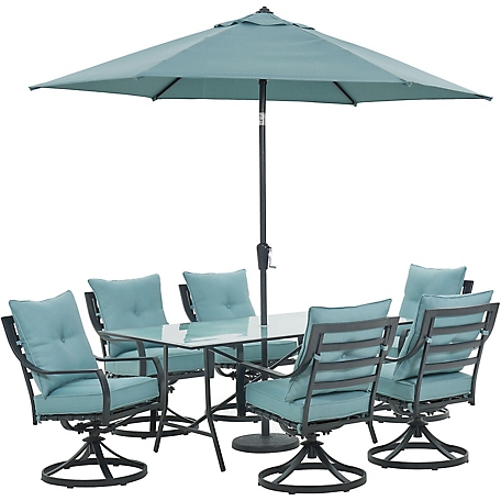 Cambridge Lawrence 7 pc. Dining Set in Ocean Blue with 6 Swivel Rockers, 66 in. x 38 in. Glass-Top Table, Umbrella, and Base