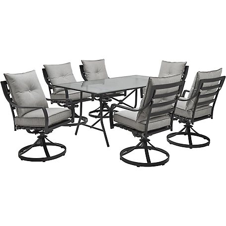 Cambridge Lawrence 7 pc. Dining Set in Silver Linings with 6 Swivel Rockers and a 66 in. x 38 in. Glass-Top Table