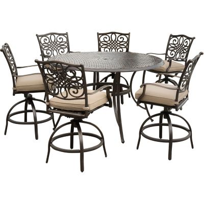 Cambridge Seasons 7 pc. High-Dining Set in Tan with 6 Swivel Chairs and a 56 in. Cast-Top Table