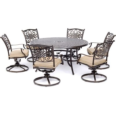 Cambridge Seasons 7 pc. Dining Set in Tan with a 60 in. Round Cast-Top Table and Six Swivel Rockers