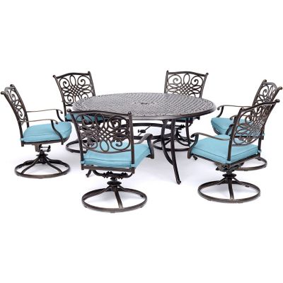 Cambridge Seasons 7 pc. Dining Set in Blue with a 60 in. Round Cast-Top Table and Six Swivel Rockers