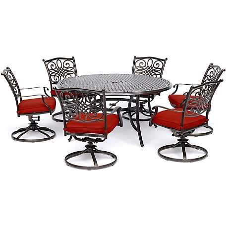 Cambridge Seasons 7 pc. Dining Set in Red with a 60 in. Round Cast-Top Table and Six Swivel Rockers