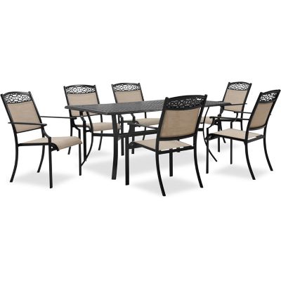 Cambridge Tulla 7 pc. Set with 6 Sling Stationary Chairs and 39 in. x 68 in. Cast-Top Dining Table in Tan