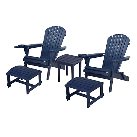 W Unlimited 2 Foldable Adirondack Chairs with Cup Holders with Ottoman and 1 End Table