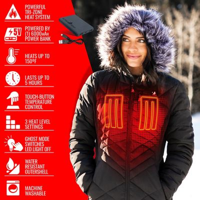 Image showing 9 th ActionHeat Women's 5V Battery Heated Long Puffer Jacket with Fur Hood