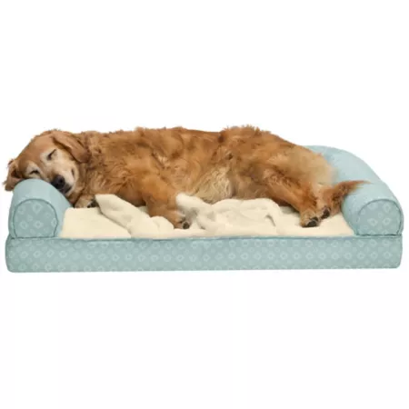 FurHaven Cooling Gel Dog Sofa with Fur Nest and Diamond Print Bolster Dog Beds