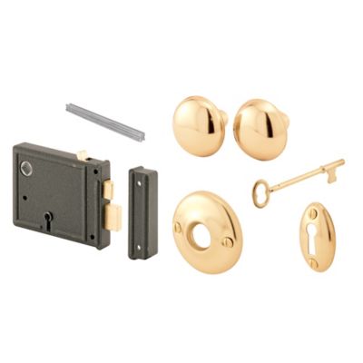 Prime-Line Horizontal Trim Lock Set, 3-3/8 in. Backset, Black Housing with Brass Plated Knobs, 1 Set, E 2478