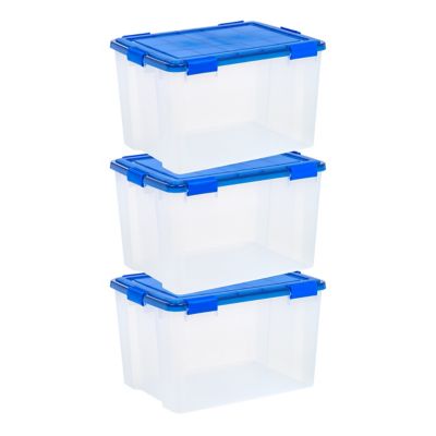 IRIS USA 74 Quart WEATHERPRO Plastic Storage Bin with Durable Lid, Seal, and Latching Buckles - 3 Pack I have bought many different storage bins over the years and these seem to work best for us due to size, other bins just don't fit as well