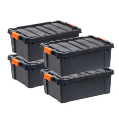 IRIS USA 11.75 Gallon Heavy Duty Plastic Storage Box with Latches in Black - 4 Pack I used one of the totes to put away shoes not being used as often and I was able to put 6 pairs of shoes ranging from men and woman pairs